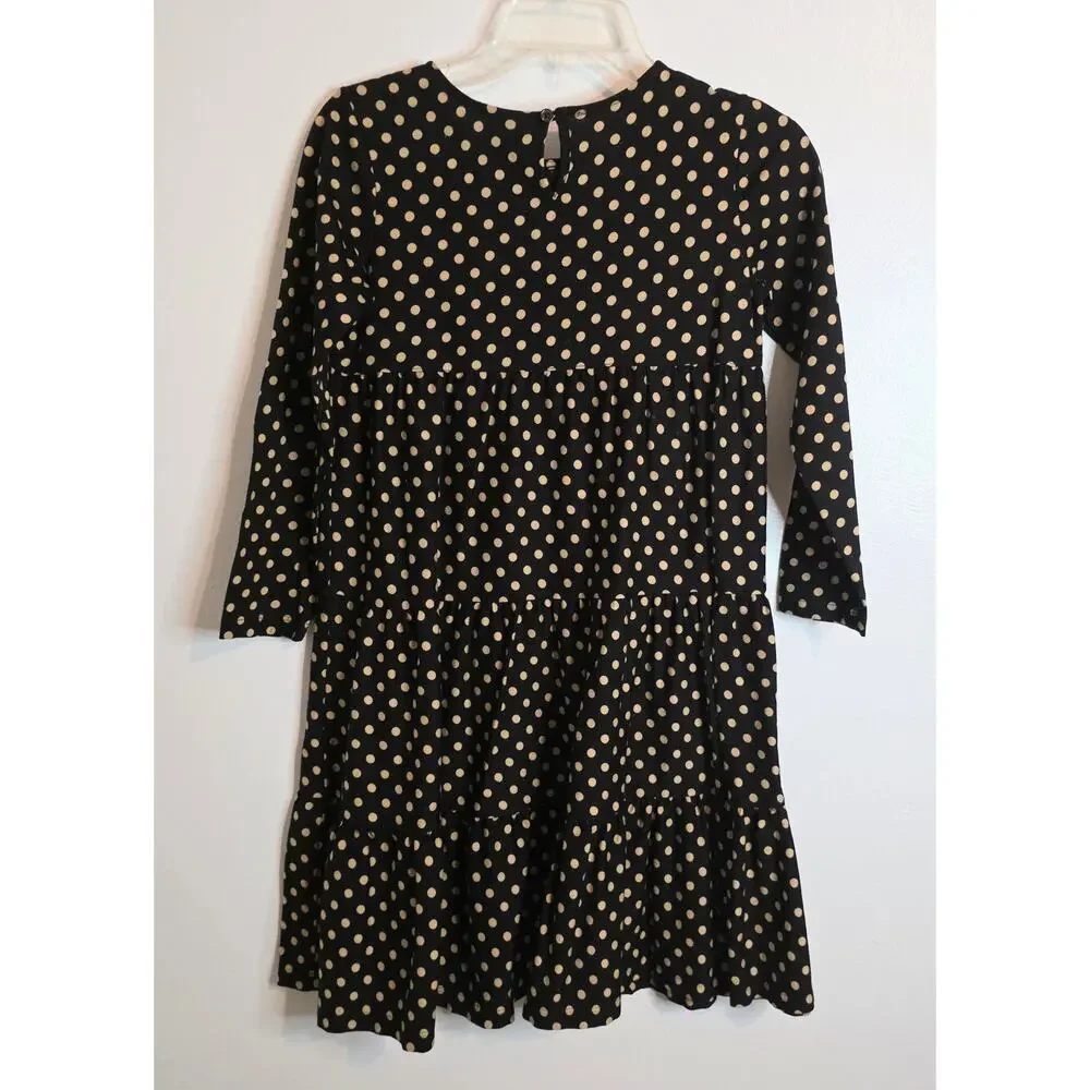 Hanna Anderson Dress Girl's 140 (US 10) 9-10 Years Old Black Gold Polka Dots